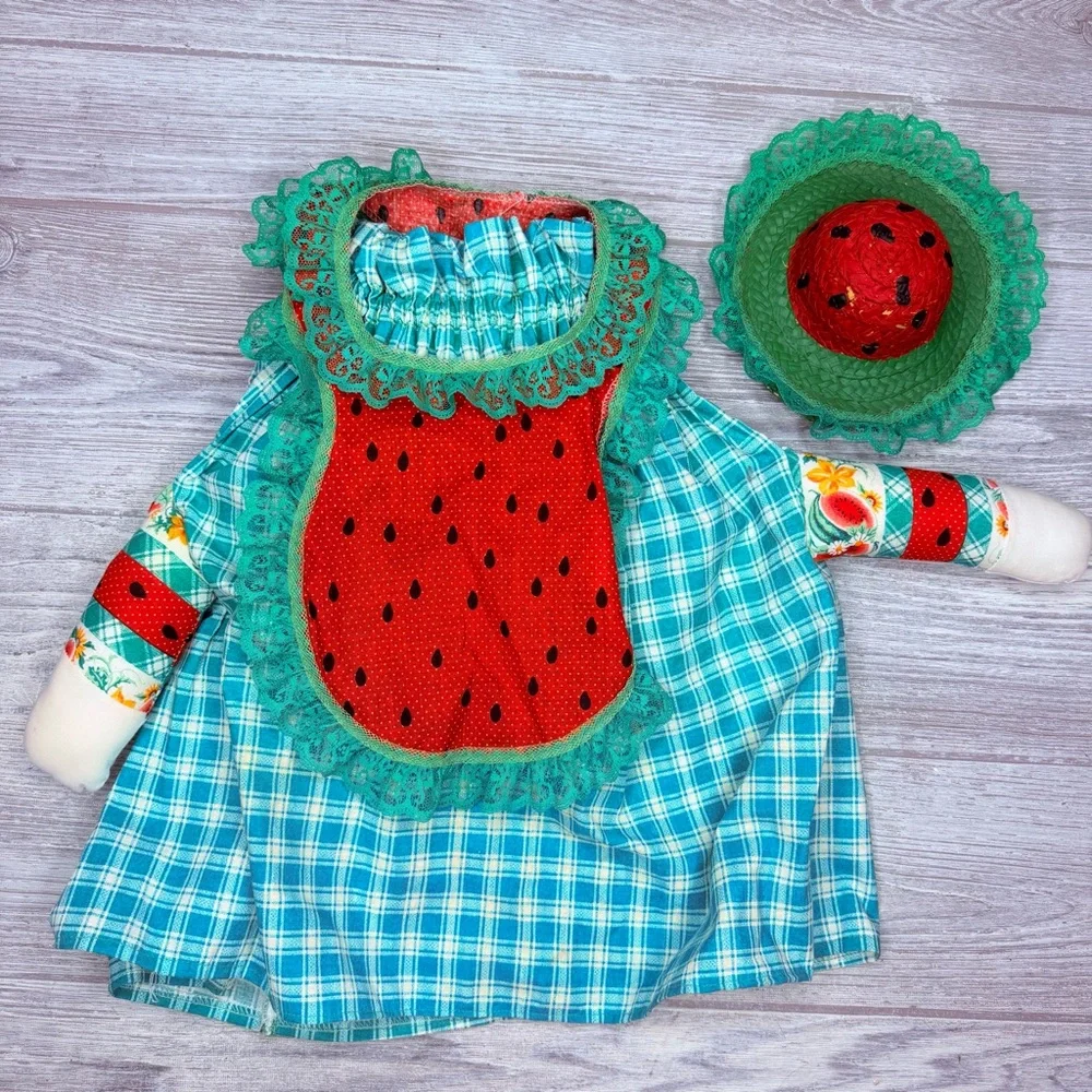 Vintage hand made porch goose outfit / clothes wicker hat and watermelon dress - Picture 5 of 6